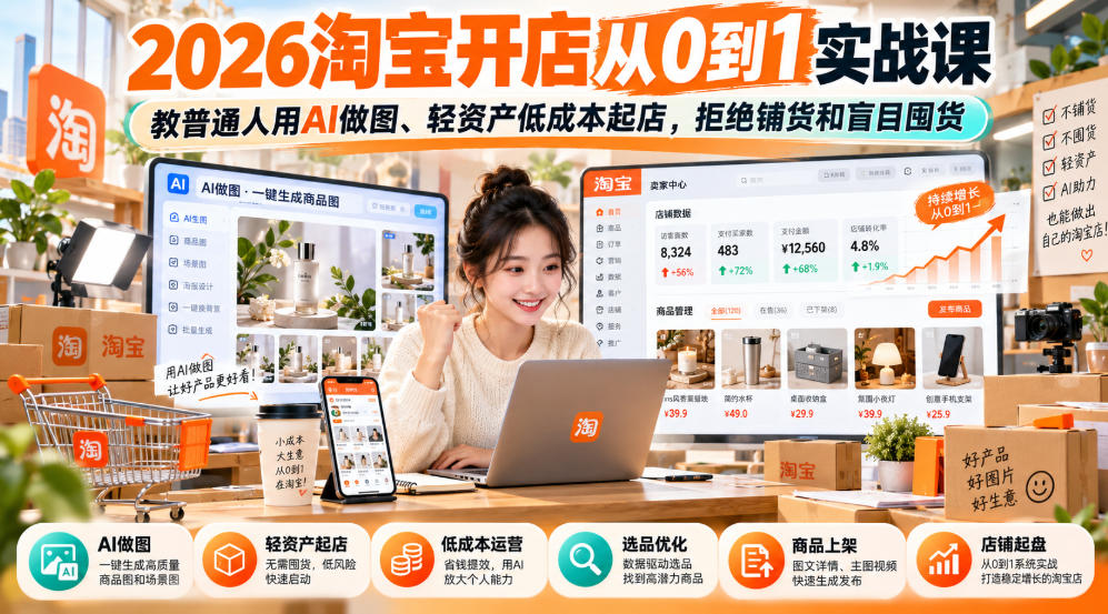 2026淘宝开店从0到1实战课,教普通人用AI做图、轻资产低成本起店,拒绝铺货和盲目囤货-小艾项目网