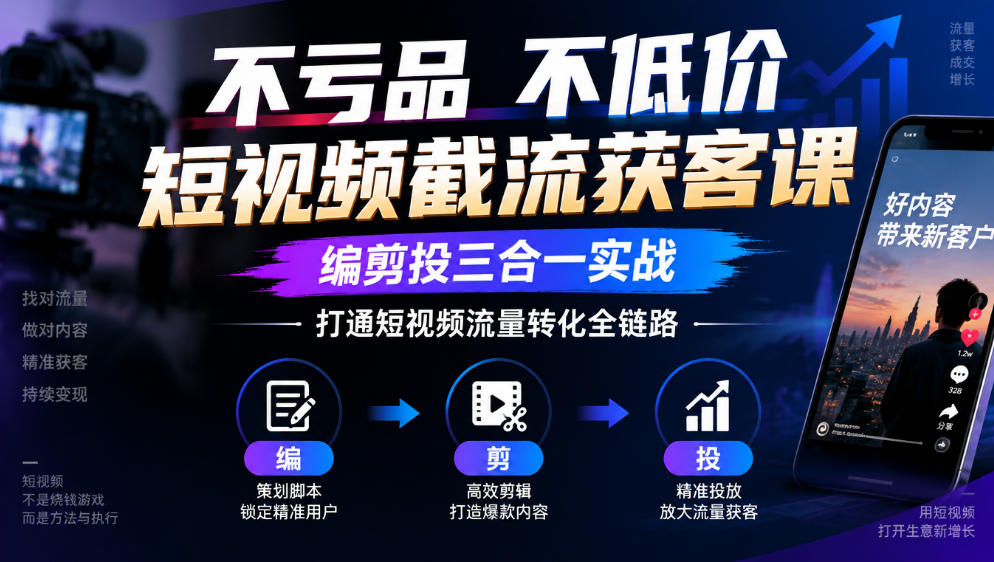 不亏品不低价短视频截流获客课,编剪投三合一实战,打通短视频流量转化全链路-小艾项目网