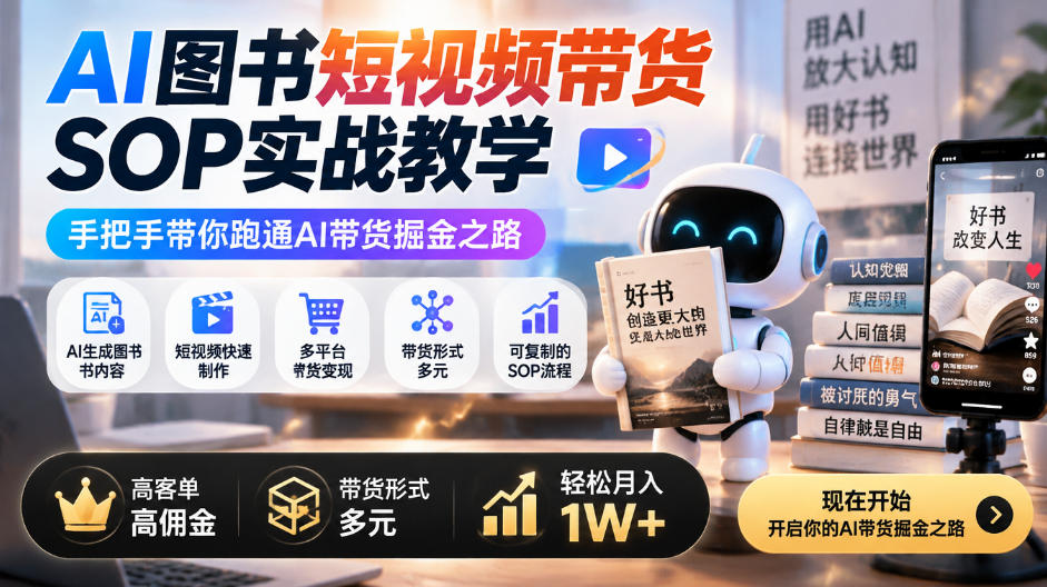 AI图书短视频带货SOP实战教学，手把手带你跑通AI带货掘金之路，高客单高佣金，带货形式多元，轻松月入1W+-小艾项目网