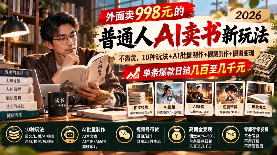 外面卖998元的2026普通人AI卖书新玩法：不露脸、不囤货，10种玩法+AI批量制作+橱窗变现，单条爆款日销几百至几千元-小艾项目网