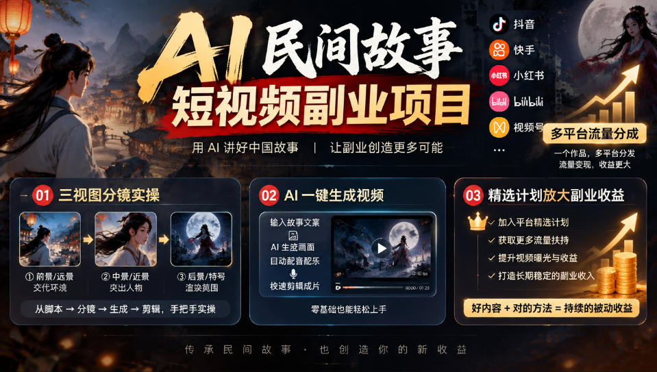 AI民间故事短视频副业项目,多平台流量分成,三视图分镜实操,精选计划放大副业收益-小艾项目网