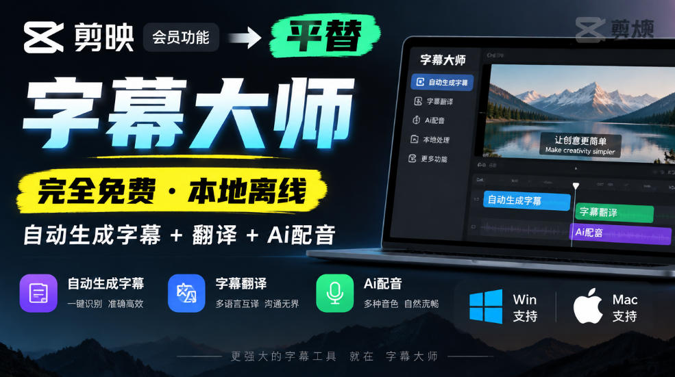 剪映会员功能平替,字幕大师完全免费本地离线,支持自动生成字幕+翻译+Ai配音,Win和Mac都支持!-小艾项目网