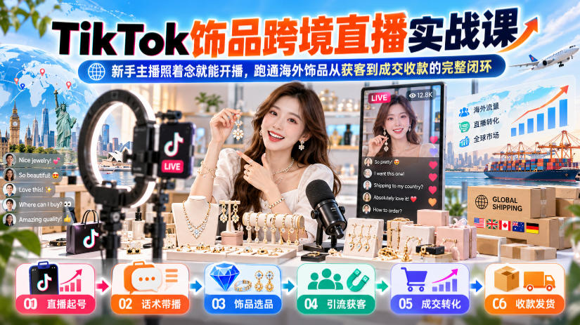 TikTok饰品跨境直播实战课,新手主播照着念就能开播,跑通海外饰品从获客到成交收款的完整闭环-小艾项目网