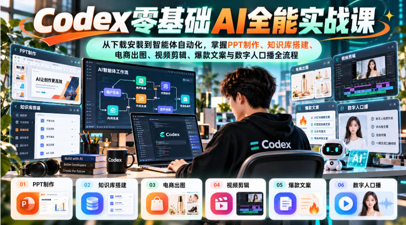 Codex零基础AI全能实战课:从下载安装到智能体自动化,掌握知识库搭建、电商出图、视频剪辑、爆款文案与数字人口播全流程-小艾项目网