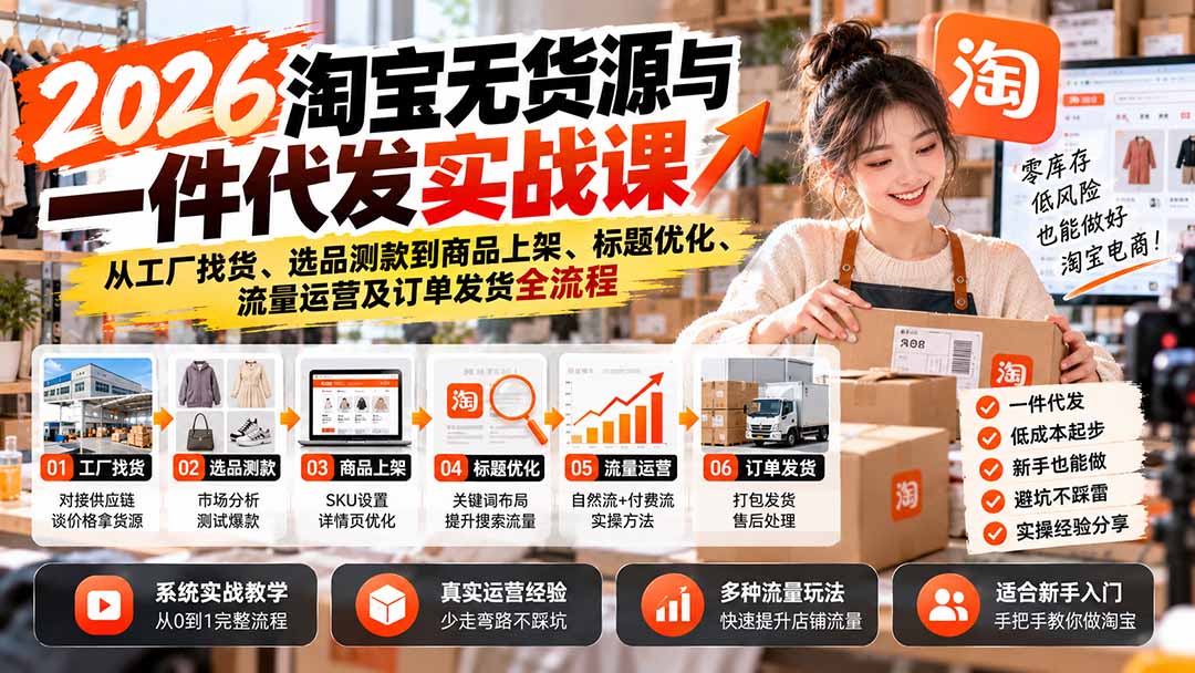 2026淘宝无货源与一件代发实战课:从工厂找货、选品测款到商品上架、标题优化、流量运营及订单发货全流程-小艾项目网