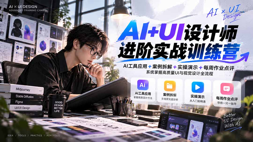 【无水印】AI+UI设计师进阶训练营-第4期：AI工具应用+案例拆解+实操演示+作业点评，掌握高质量UI与视觉设计全流程-小艾项目网