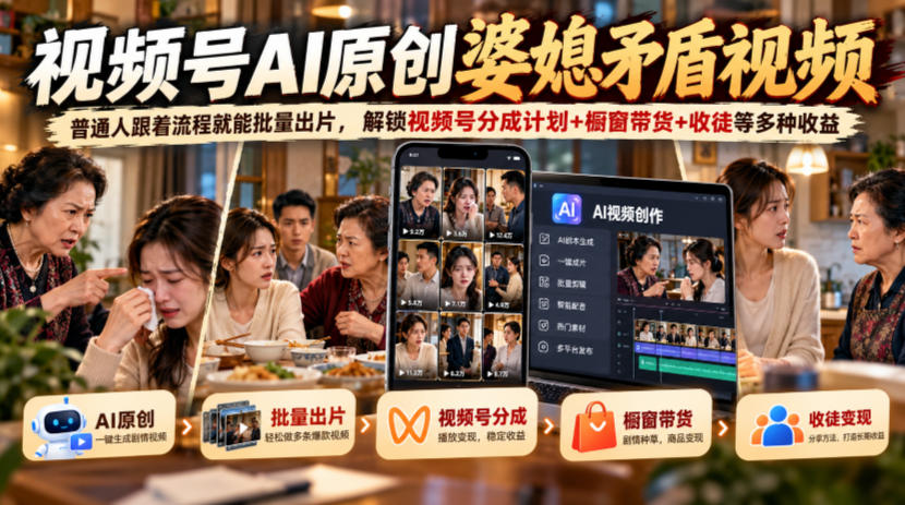 视频号ai原创婆媳矛盾视频，普通人跟着流程就能批量出片，解锁视频号分成计划+橱窗带货+收徒等多种收益-小艾项目网
