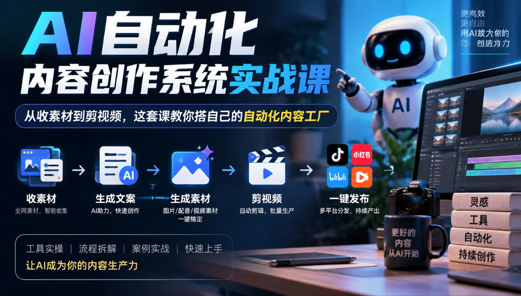 AI自动化内容创作系统实战课，从收素材到剪视频，这套课教你搭自己的自动化内容工厂-小艾项目网