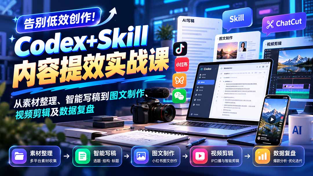 【无水印】告别低效创作！Codex+Skill内容提效实战课：从素材整理、智能写稿到图文制作、视频剪辑及数据复盘-资源宝库