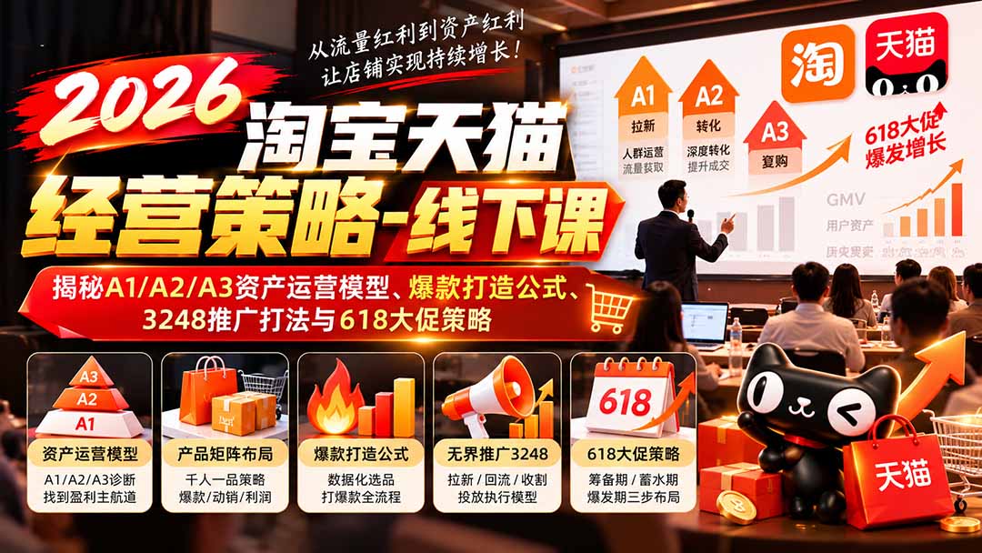 2026淘宝天猫经营策略-线下课:揭秘A1/A2/A3资产运营模型、爆款打造公式、3248推广打法与618大促策略-小艾项目网