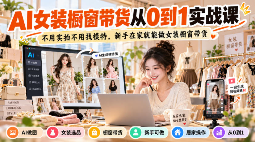 AI女装橱窗带货从0到1实战课，不用实拍不用找模特，新手在家就能做女装橱窗带货-小艾项目网