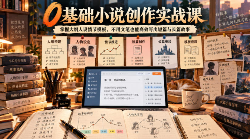 0基础小说创作实战课｜掌握大纲人设情节模板，不用文笔也能高效写出短篇与长篇故事-小艾项目网