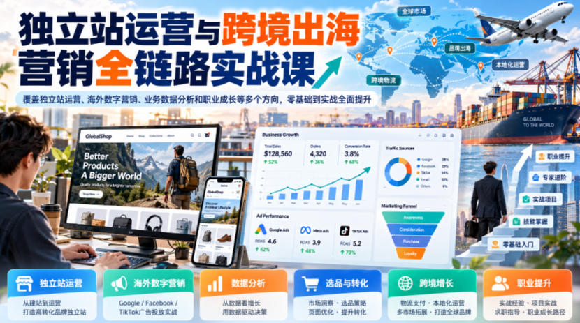 独立站运营与跨境出海营销全链路实战课，覆盖独立站运营、海外数字营销、业务数据分析和职业成长等多个方向，零基础到实战全面提升-小艾项目网