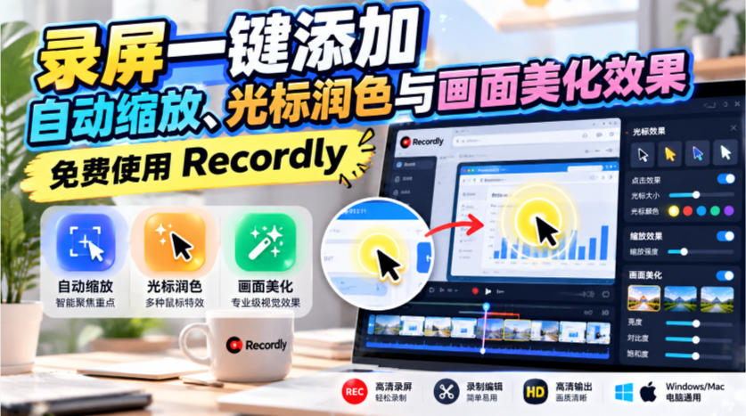 录屏一键添加自动缩放、光标润色与画面美化效果,免费使用Recordly-小艾项目网