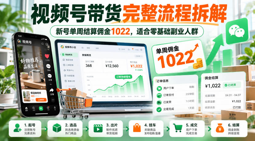 视频号带货完整流程拆解,新号单周结算佣金1022,适合零基础副业人群-小艾项目网