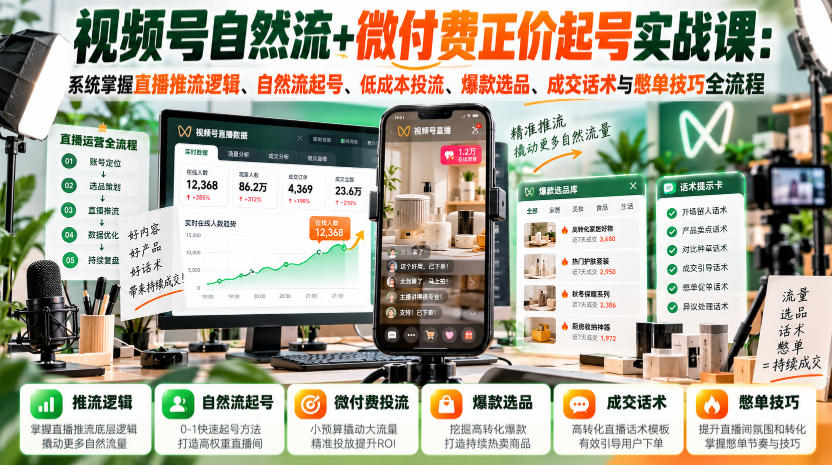 视频号自然流+微付费正价起号实战课：系统掌握直播推流逻辑、自然流起号、低成本投流、爆款选品、成交话术与憋单技巧全流程-小艾项目网