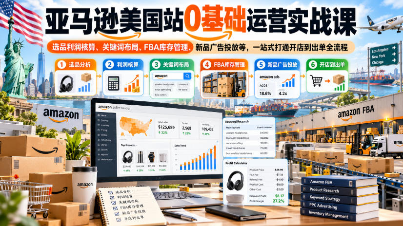 亚马逊美国站0基础运营实战课｜选品利润核算、关键词布局、FBA库存管理、新品广告投放等，一站式打通开店到出单全流程-小艾项目网