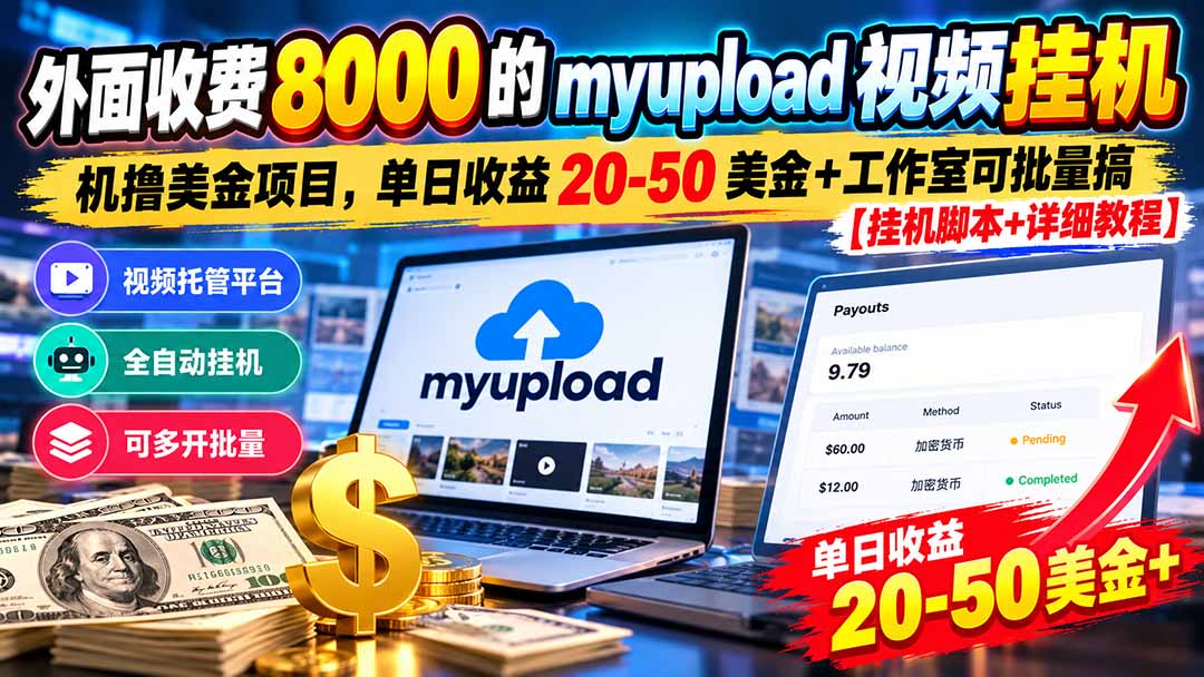 外面收费8000的myupload视频挂机撸美金项目，单日收益20-50美金+工作室可批量搞【挂机脚本+详细-小艾项目网