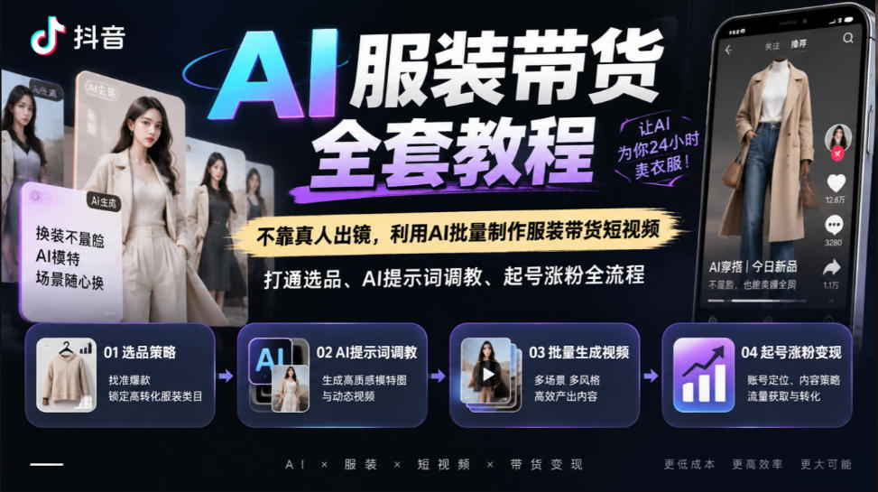 抖音AI服装带货全套教程,不靠真人出镜,利用AI批量制作服装带货短视频,打通选品、AI提示词调教、起号涨粉全流程-小艾项目网