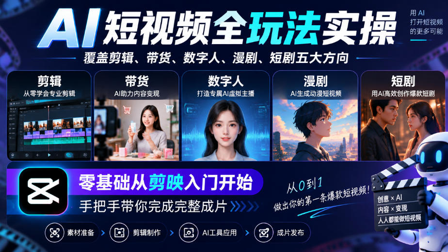 AI短视频全玩法实操,覆盖剪辑、带货、数字人、漫剧、短剧五大方向,零基础从剪映入门开始,手把手带你完成完整成片-小艾项目网