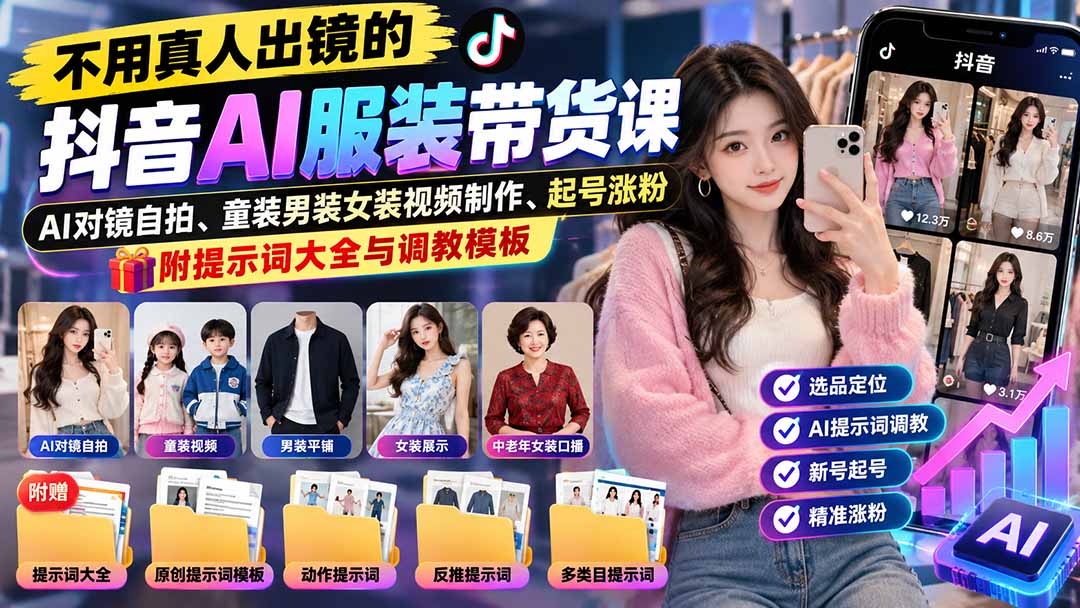 不用真人出镜的抖音AI服装带货课：AI对镜自拍、童装男装女装视频制作、起号涨粉，附提示词大全与调教模板-小艾项目网