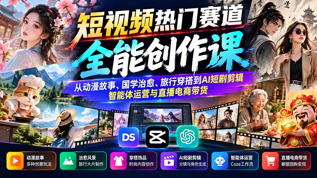 短视频热门赛道全能创作课：从动漫故事、国学治愈、旅行穿搭到AI短剧剪辑、智能体运营与直播电商带货-小艾项目网