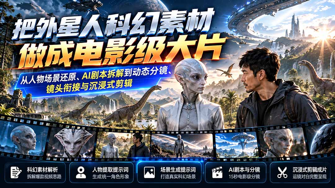 把外星人科幻素材做成电影级大片:从人物场景还原、AI剧本拆解到动态分镜、镜头衔接与沉浸式剪辑-资源宝库