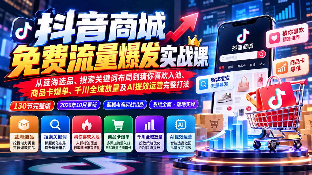 抖音商城免费流量爆发实战：从蓝海选品、搜索关键词布局到猜你喜欢入池、商品卡爆单、千川全域放量及AI提效完整打法-小艾项目网
