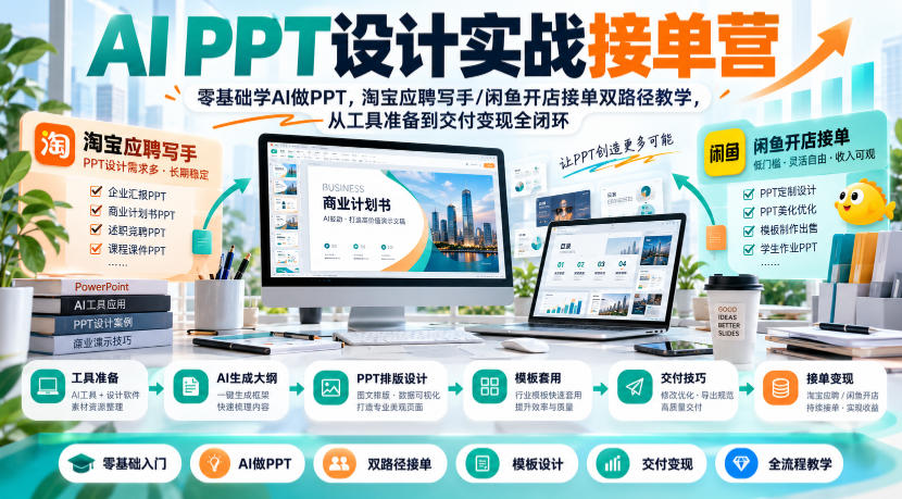 AI PPT设计实战接单营|零基础学AI做PPT,淘宝应聘写手/闲鱼开店接单双路径教学,从工具准备到交付变现全闭环-小艾项目网