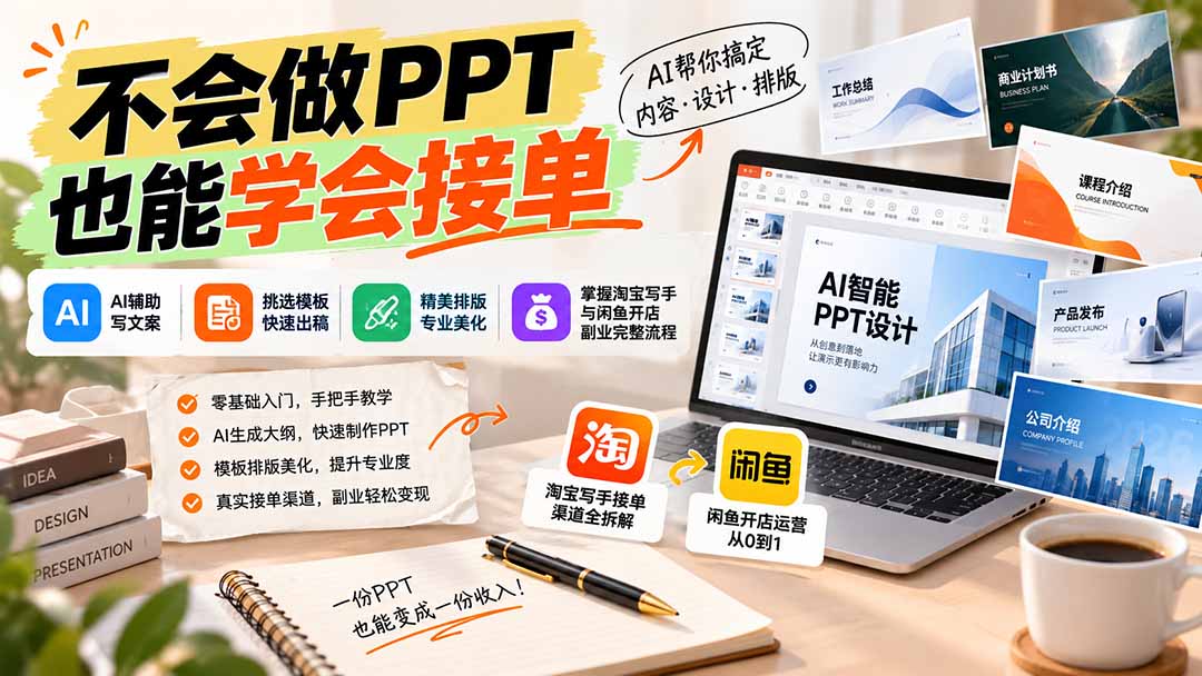 不会做PPT也能学会接单：AI辅助写文案、挑模板、做排版，掌握淘宝写手与闲鱼开店副业完整流程-资源宝库