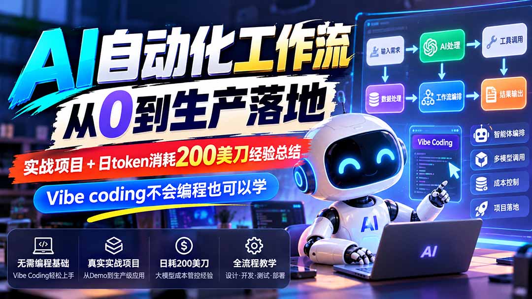 【无水印】AI自动化工作流从0到生产落地,实战项目+日token消耗200美刀经验总结,Vibe coding不会编程也可以学-小艾项目网