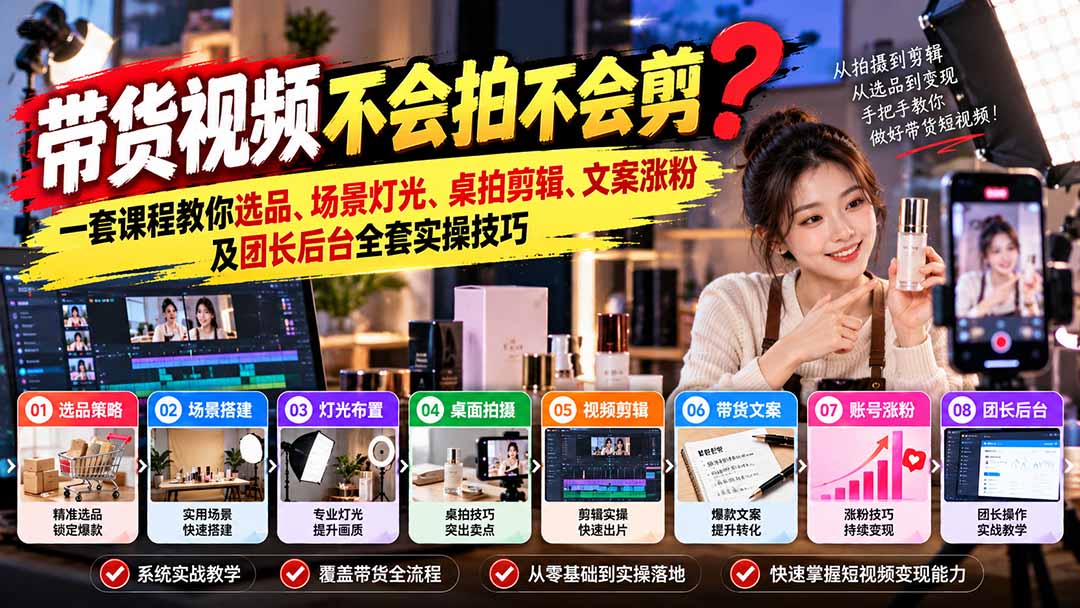带货视频不会拍不会剪?一套课程教你选品、场景灯光、桌拍剪辑、文案涨粉及团长后台全套实操技巧 复制标题-资源宝库