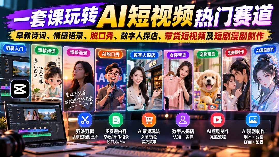 一套课玩转AI短视频热门赛道：早教诗词、情感语录、脱口秀、数字人探店、带货短视频及短剧漫剧制作  复制标题-小艾项目网