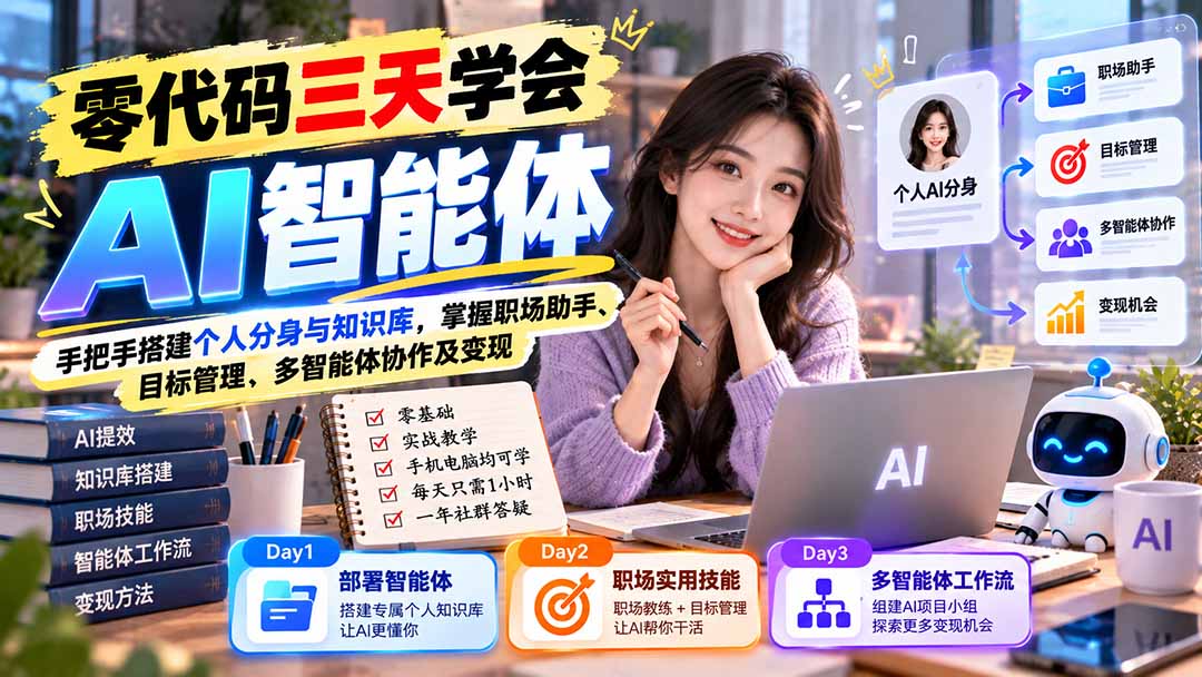 【无水印】零代码三天学会AI智能体:手把手搭建个人分身与知识库,掌握职场助手、目标管理、多智能体协作及变现-资源宝库