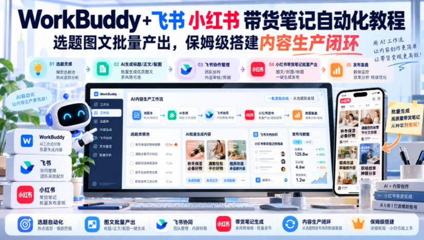 WorkBuddy+飞书小红书带货笔记自动化教程，选题图文批量产出，保姆级搭建内容生产闭环【文档】-小艾项目网