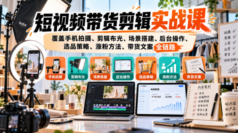 短视频带货剪辑实战课，覆盖手机拍摄、剪辑布光、场景搭建、后台操作、选品策略、涨粉方法、带货文案全链路-小艾项目网