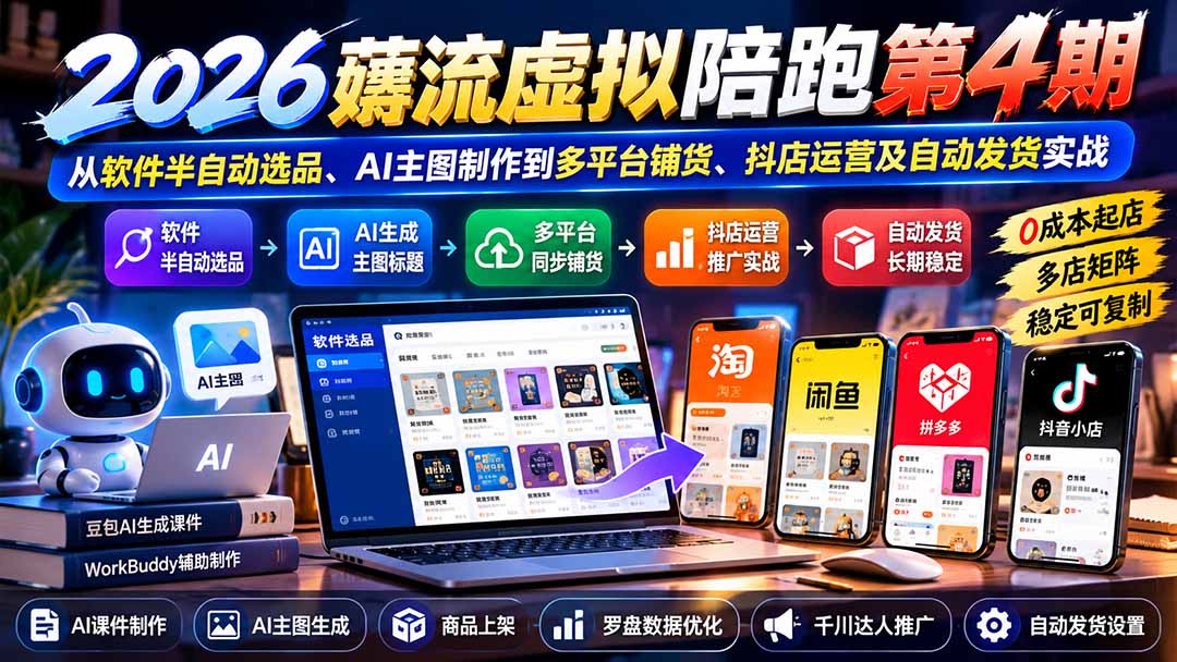 2026薅流虚拟陪跑第4期：从软件半自动选品、AI主图制作到多平台铺货、抖店运营及自动发货实战-小艾项目网