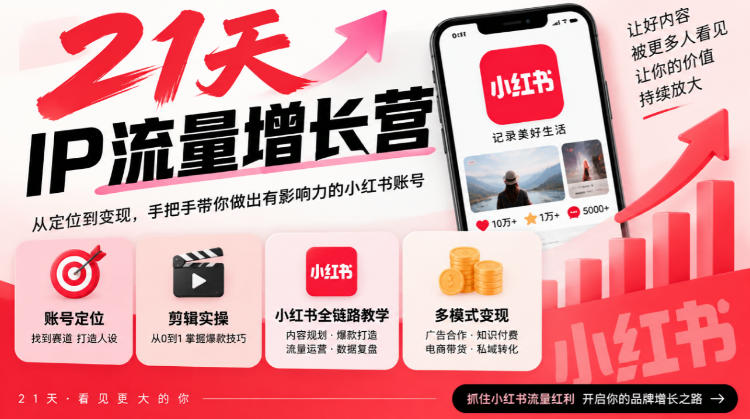 21天IP流量增长营，小红书全链路教学，账号定位剪辑实操，多模式变现系统课-小艾项目网
