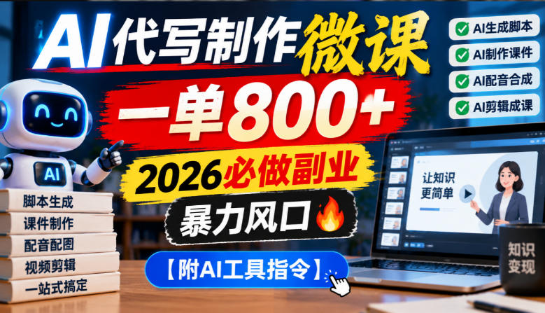AI代写制作微课,一单800+,2026必做副业,暴力风口【附AI工具指令】【揭秘】-小艾项目网