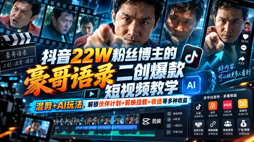 抖音22W粉丝博主的豪哥语录二创爆款短视频教学,混剪+AI玩法,解锁伙伴计划+剪映挂载+收徒等多种收益-小艾项目网