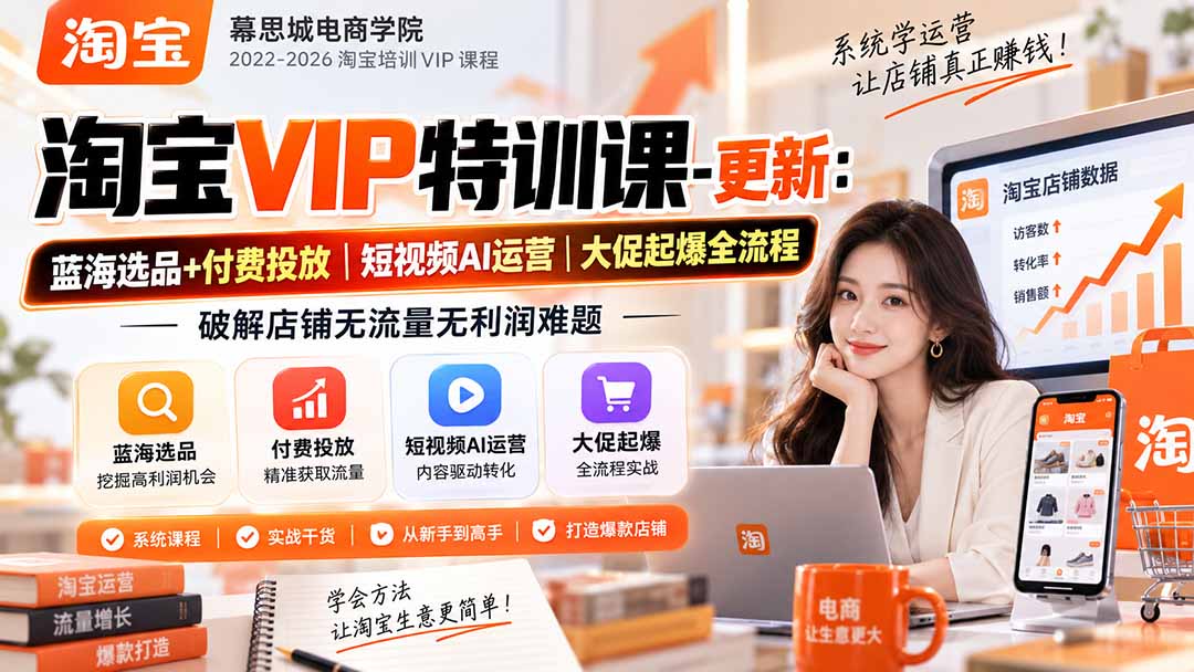 淘宝VIP特训课-更新1016：蓝海选品+付费投放｜短视频AI运营｜大促起爆全流程，破解店铺无流量无利润难题-小艾项目网