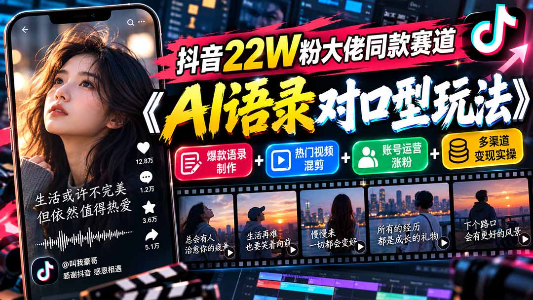 抖音22W粉大佬同款赛道《AI语录对口型玩法》:爆款语录制作+热门视频混剪+账号运营涨粉+多渠道变现实操-小艾项目网