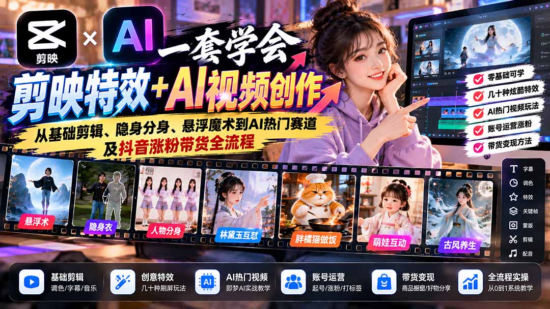 一套学会剪映特效+AI视频创作:从基础剪辑、隐身分身、悬浮魔术到AI热门赛道及抖音涨粉带货全流程-小艾项目网