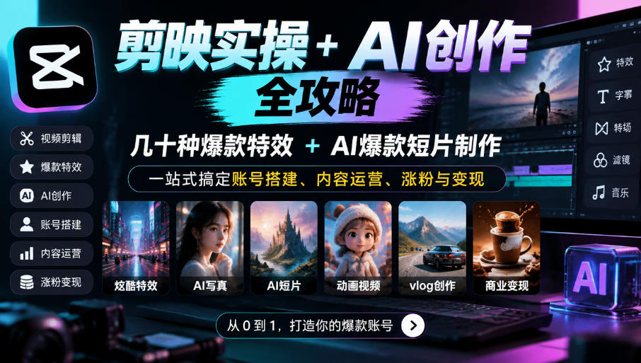 剪映实操+AI创作全攻略|几十种爆款特效+AI爆款短片制作,一站式搞定账号搭建、内容运营、涨粉与变现-小艾项目网
