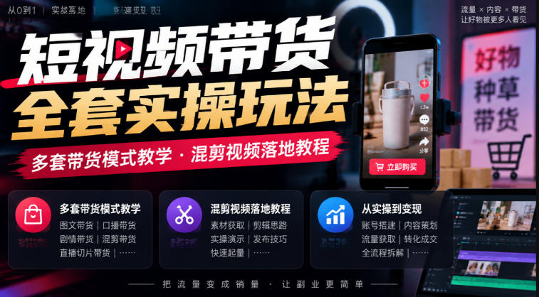 短视频带货全套实操玩法，多套带货模式教学，混剪视频落地教程-小艾项目网