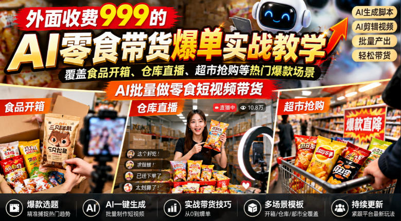 外面收费999的AI零食带货爆单实战教学,覆盖食品开箱、仓库直播、超市抢购等热门爆款场景,AI批量做零食短视频带货-小艾项目网