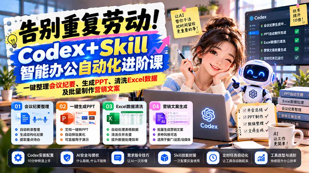 告别重复劳动!Codex+Skill智能办公自动化进阶课:一键整理会议纪要、生成PPT、清洗Excel数据及批量制作营销文案-小艾项目网