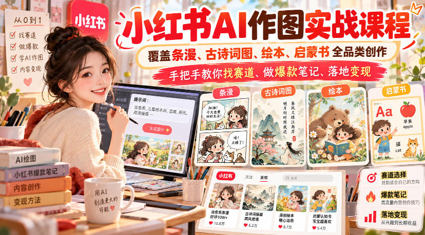 小红书AI作图实战课程,覆盖条漫、古诗词图、绘本、启蒙书全品类创作,手把手教你找赛道、做爆款笔记、落地变现(更新1017)-小艾项目网