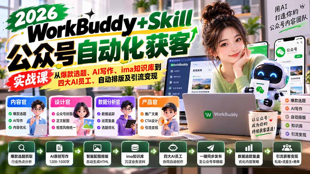 WorkBuddy + Skill公众号自动化获客实战课:从爆款选题、AI写作、ima知识库到四大AI员工、自动排版及引流变现-小艾项目网