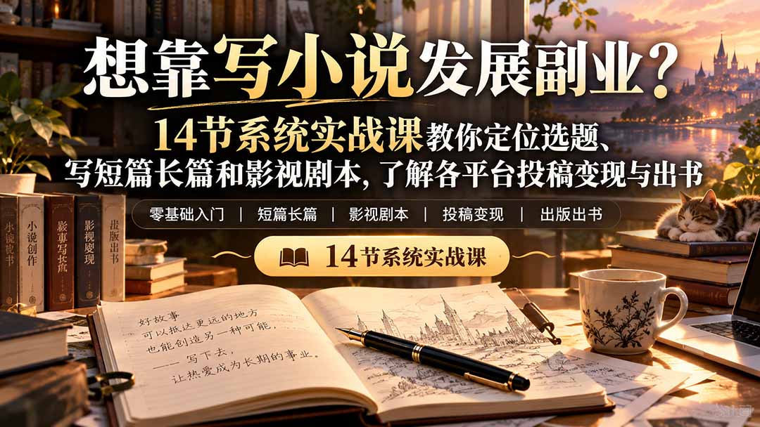 【无水印】想靠写小说发展副业？14节系统实战课教你定位选题、写短篇长篇和影视剧本，了解各平台投稿变现与出书-小艾项目网